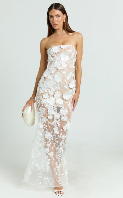 Sienna Maxi Dress 3D Floral Strapless Column Dress in White