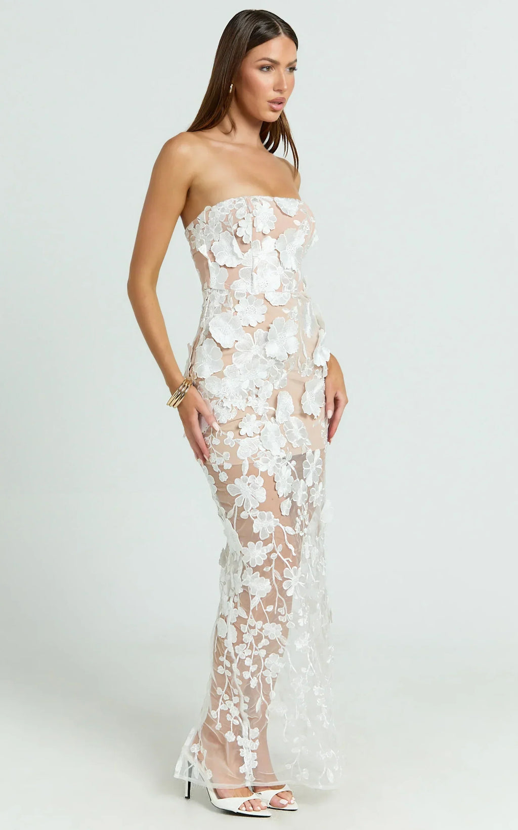 Sienna Maxi Dress 3D Floral Strapless Column Dress in White