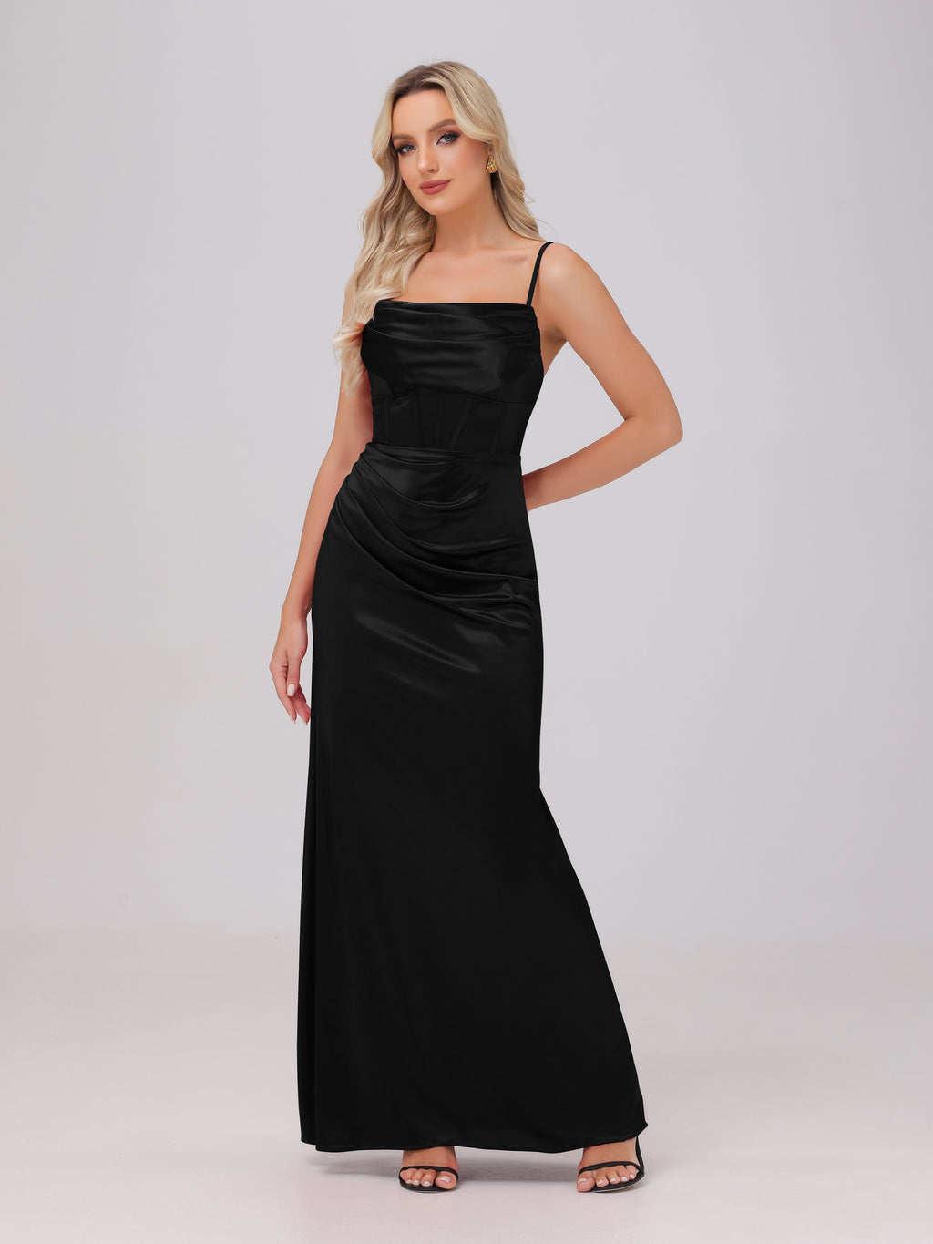 Spaghetti Straps Ruched Floor Length Stretch Satin Bridesmaid Dresses