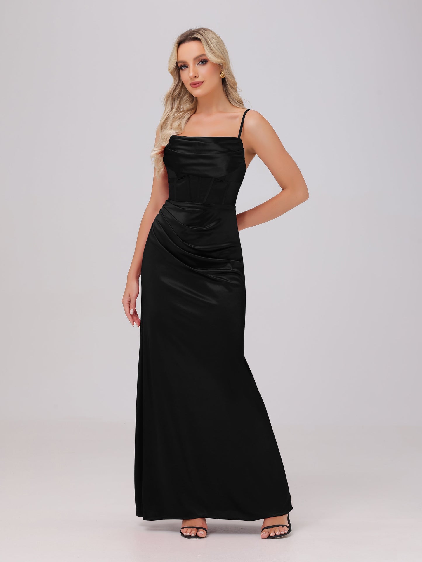 Spaghetti Straps Ruched Floor Length Stretch Satin Bridesmaid Dresses