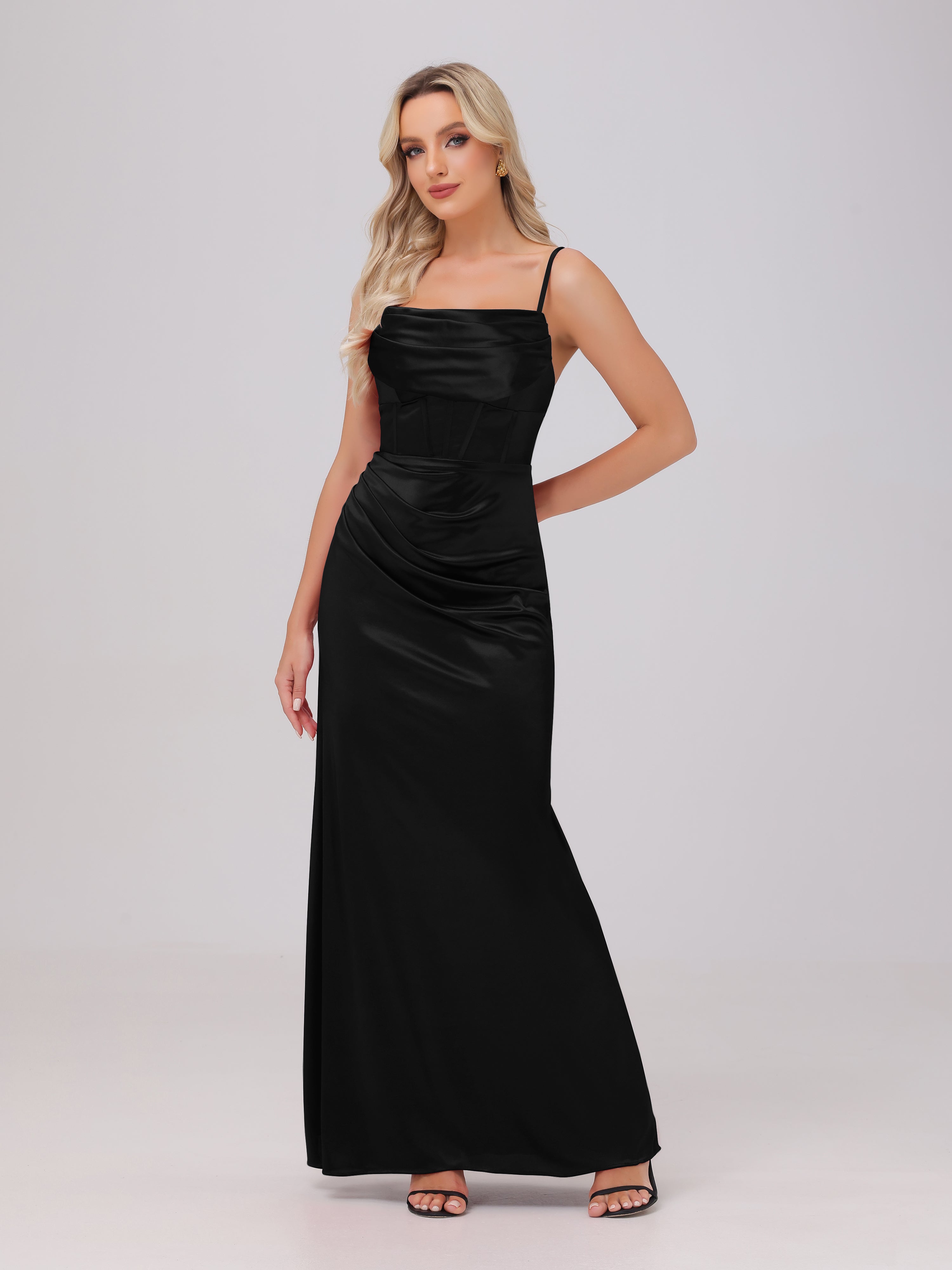 Spaghetti Straps Ruched Floor Length Stretch Satin Bridesmaid Dresses