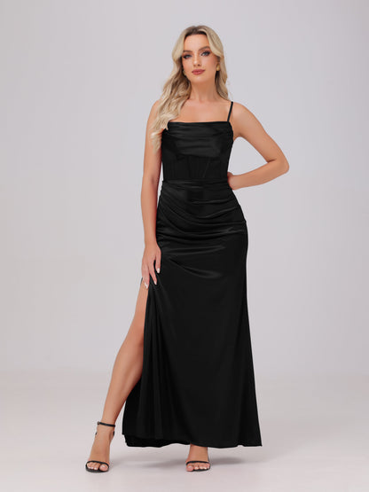 Spaghetti Straps Ruched Floor Length Stretch Satin Bridesmaid Dresses