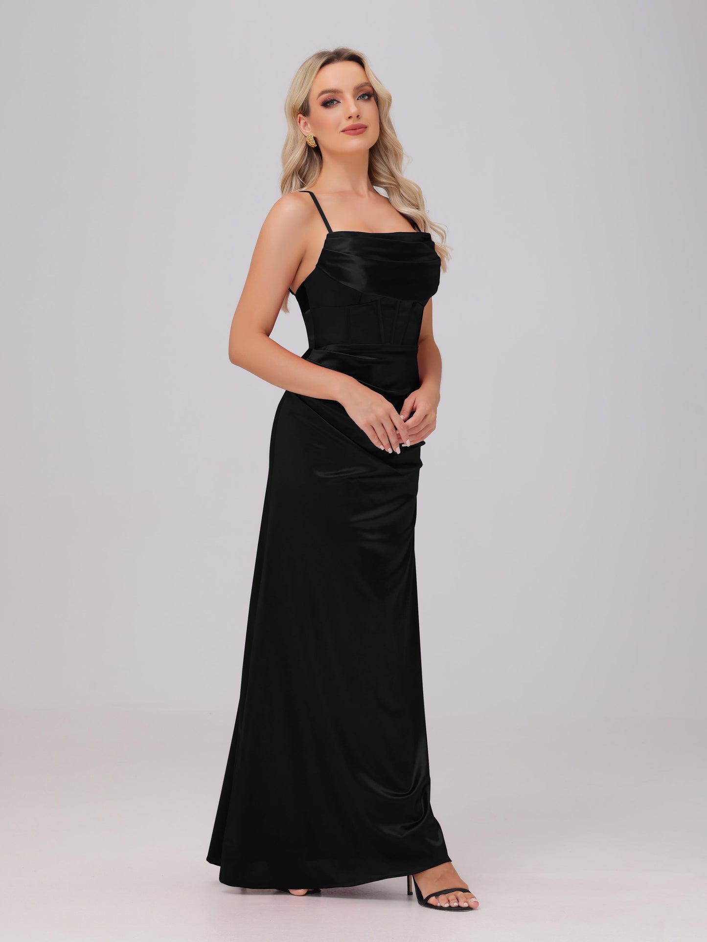 Spaghetti Straps Ruched Floor Length Stretch Satin Bridesmaid Dresses