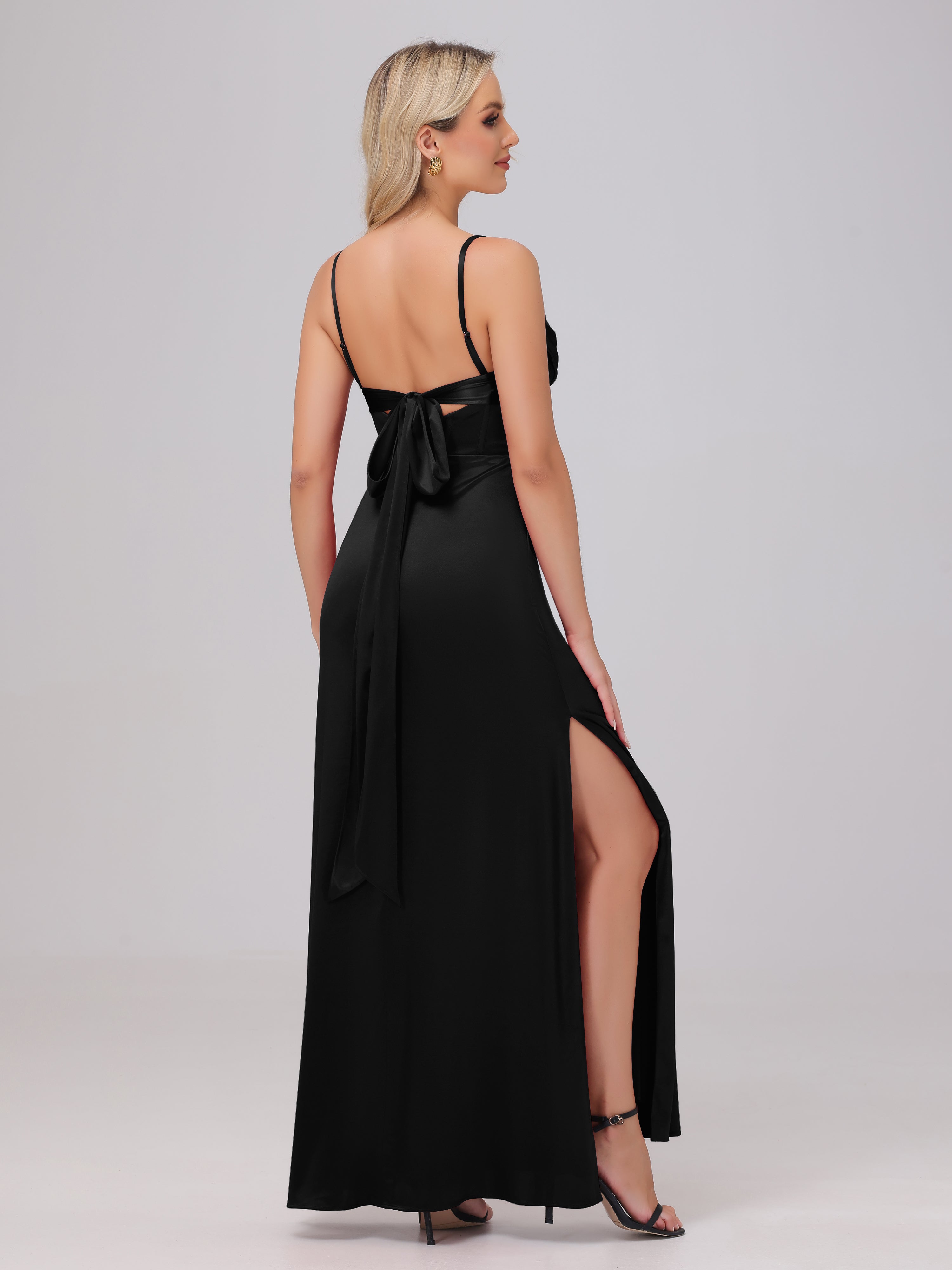 Spaghetti Straps Ruched Floor Length Stretch Satin Bridesmaid Dresses