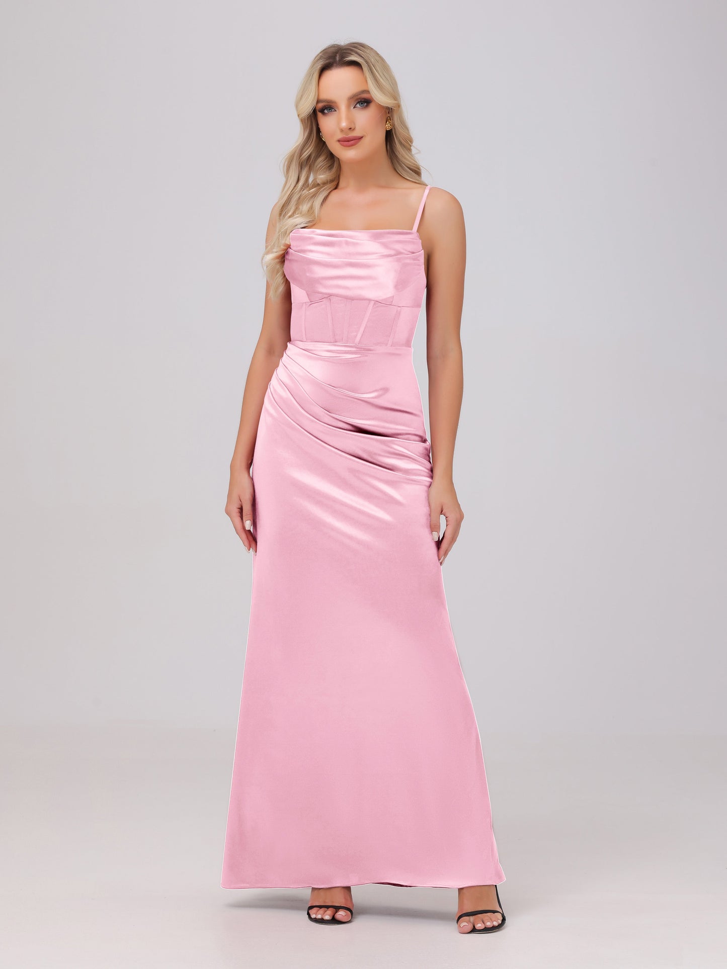 Spaghetti Straps Ruched Floor Length Stretch Satin Bridesmaid Dresses
