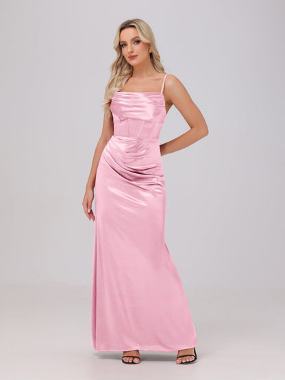 Spaghetti Straps Ruched Floor Length Stretch Satin Bridesmaid Dresses