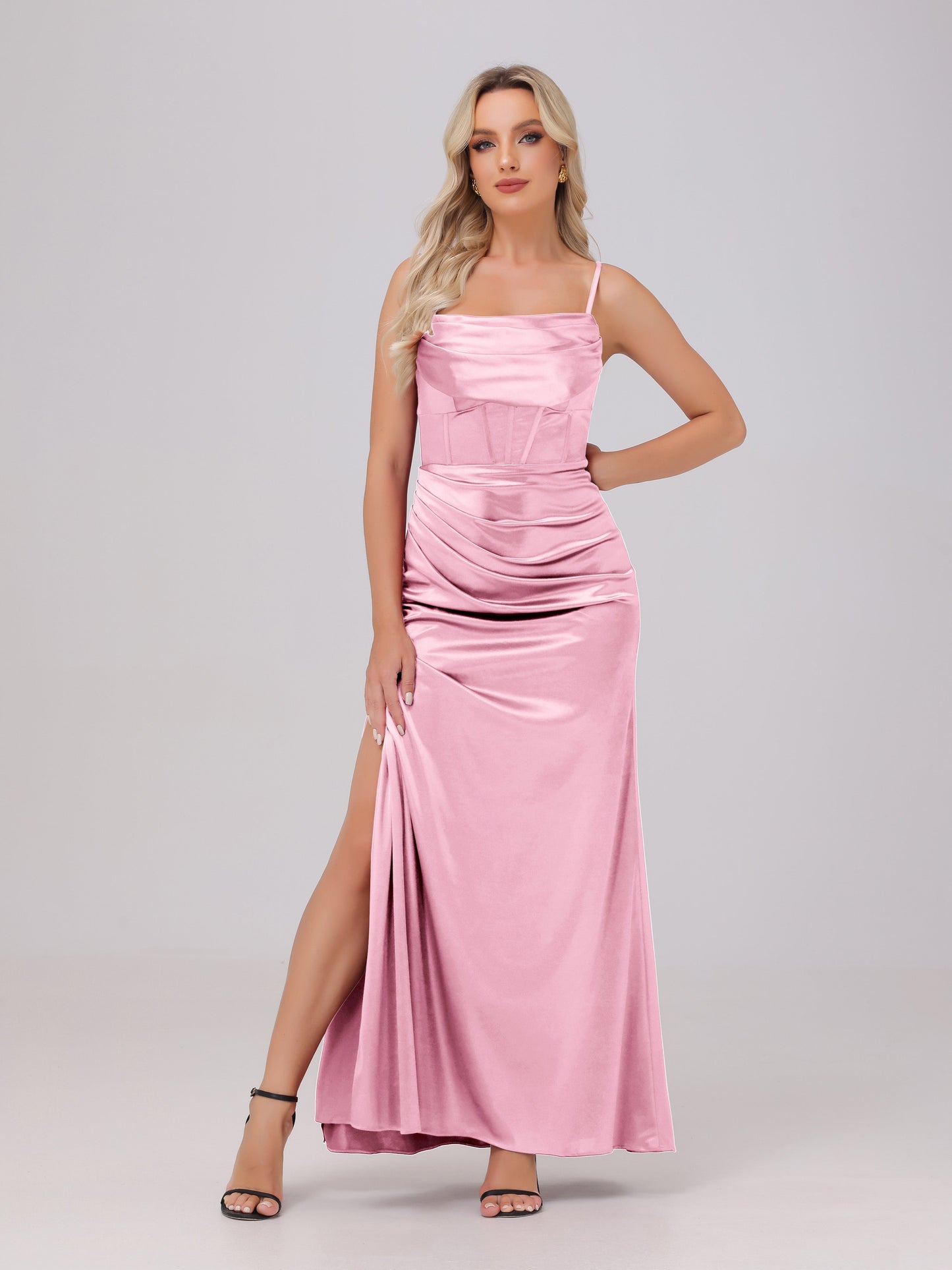Spaghetti Straps Ruched Floor Length Stretch Satin Bridesmaid Dresses