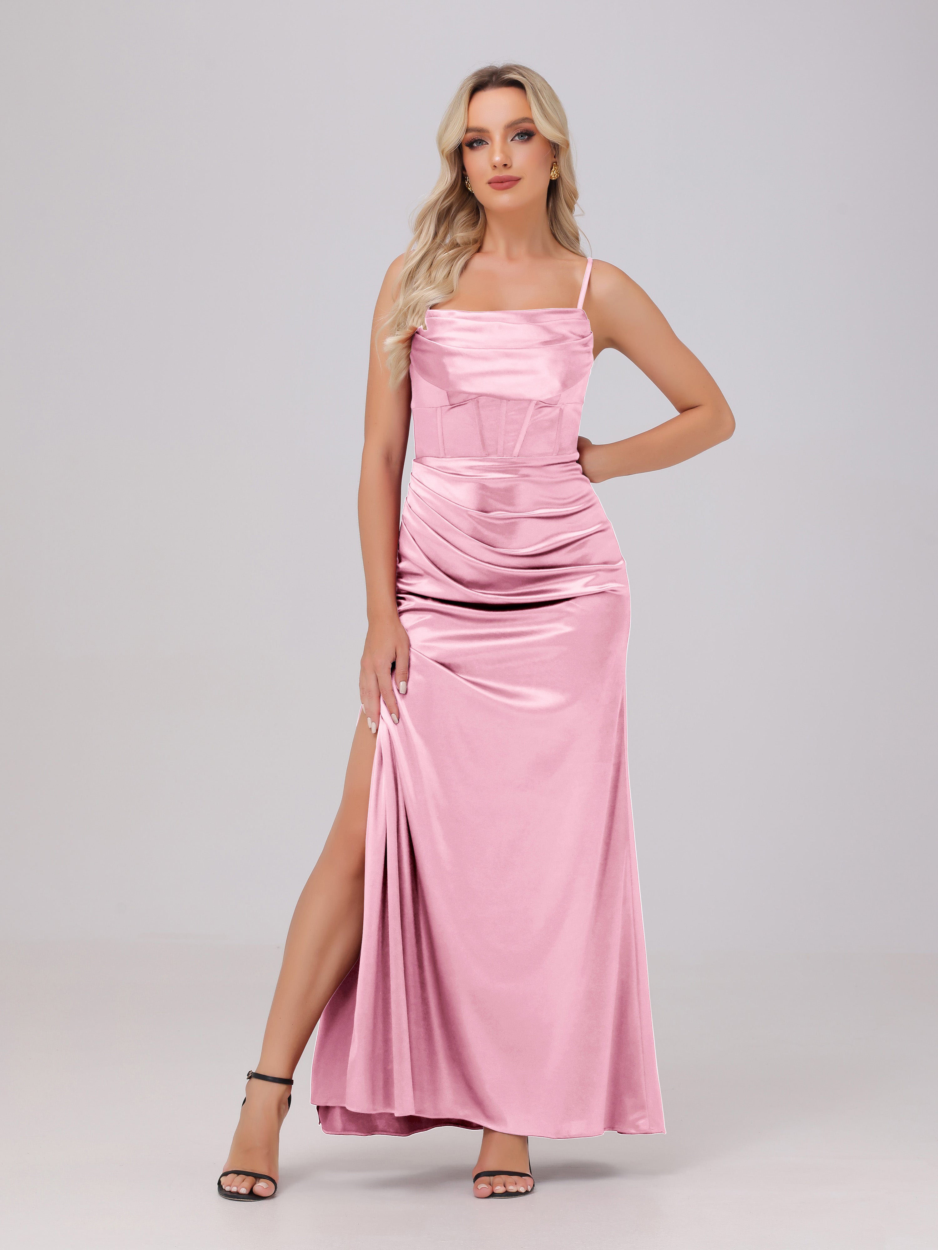 Spaghetti Straps Ruched Floor Length Stretch Satin Bridesmaid Dresses