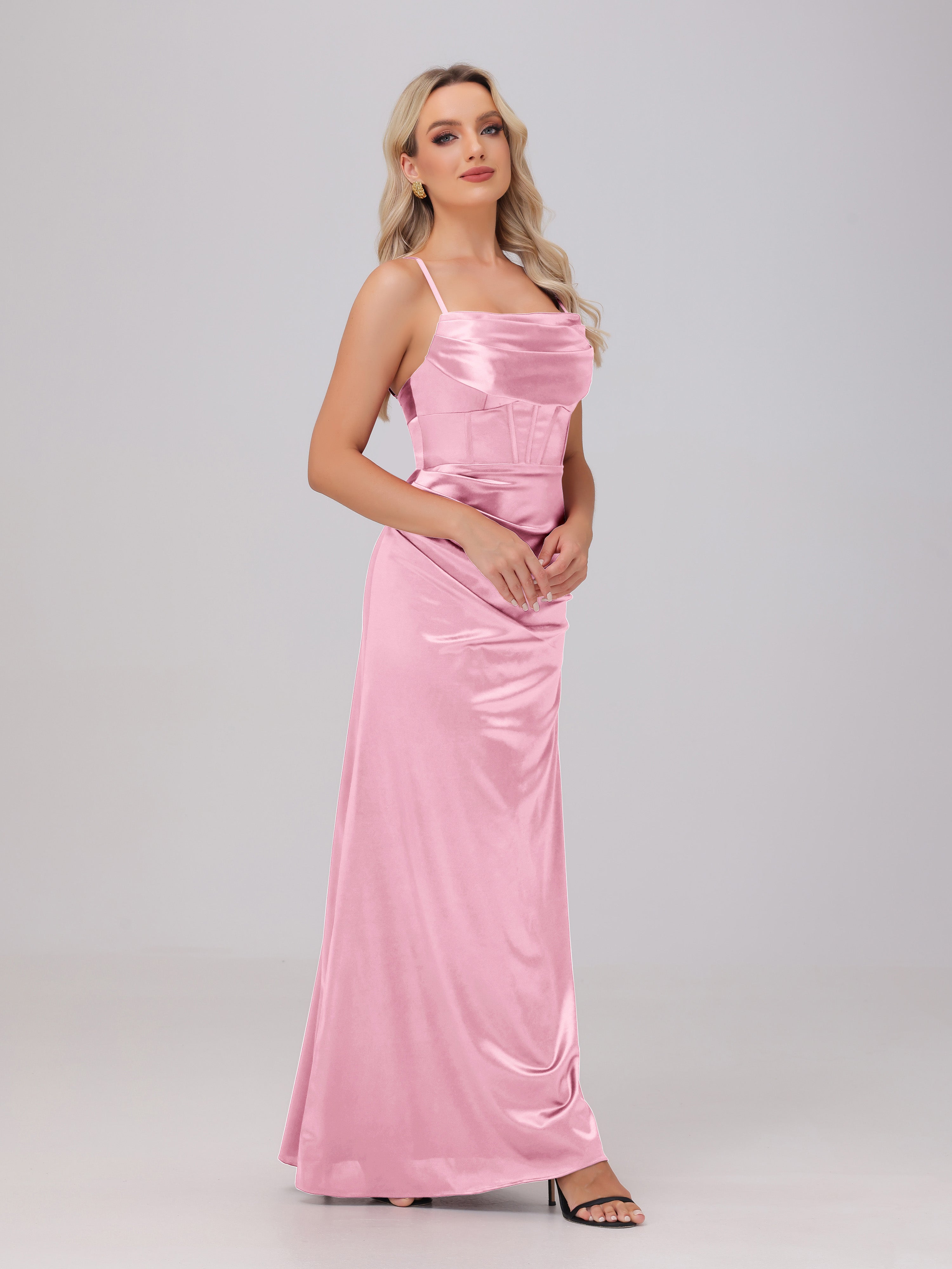 Spaghetti Straps Ruched Floor Length Stretch Satin Bridesmaid Dresses