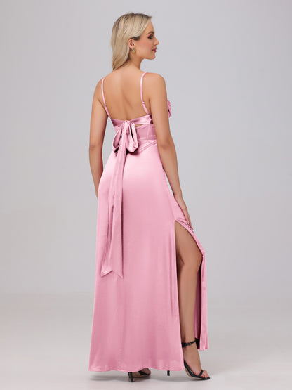Spaghetti Straps Ruched Floor Length Stretch Satin Bridesmaid Dresses