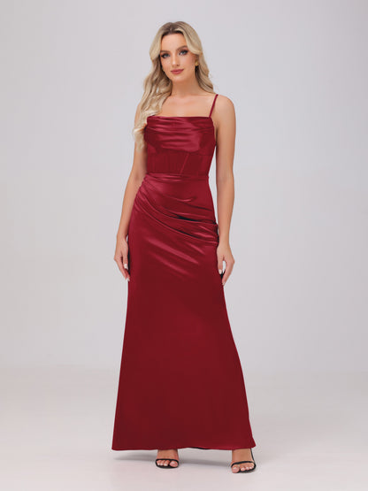 Spaghetti Straps Ruched Floor Length Stretch Satin Bridesmaid Dresses