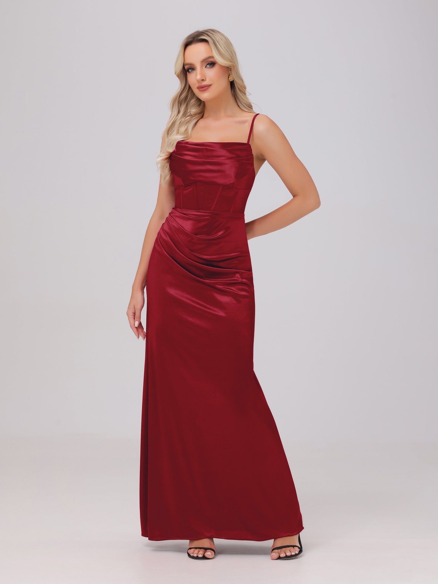 Spaghetti Straps Ruched Floor Length Stretch Satin Bridesmaid Dresses