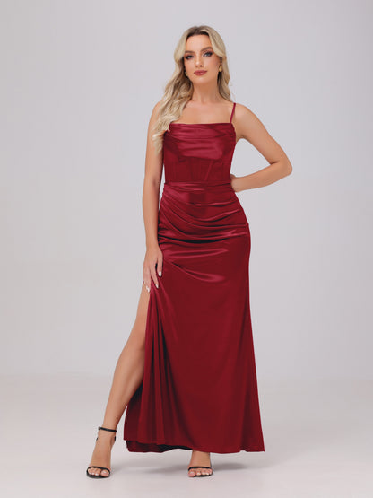 Spaghetti Straps Ruched Floor Length Stretch Satin Bridesmaid Dresses