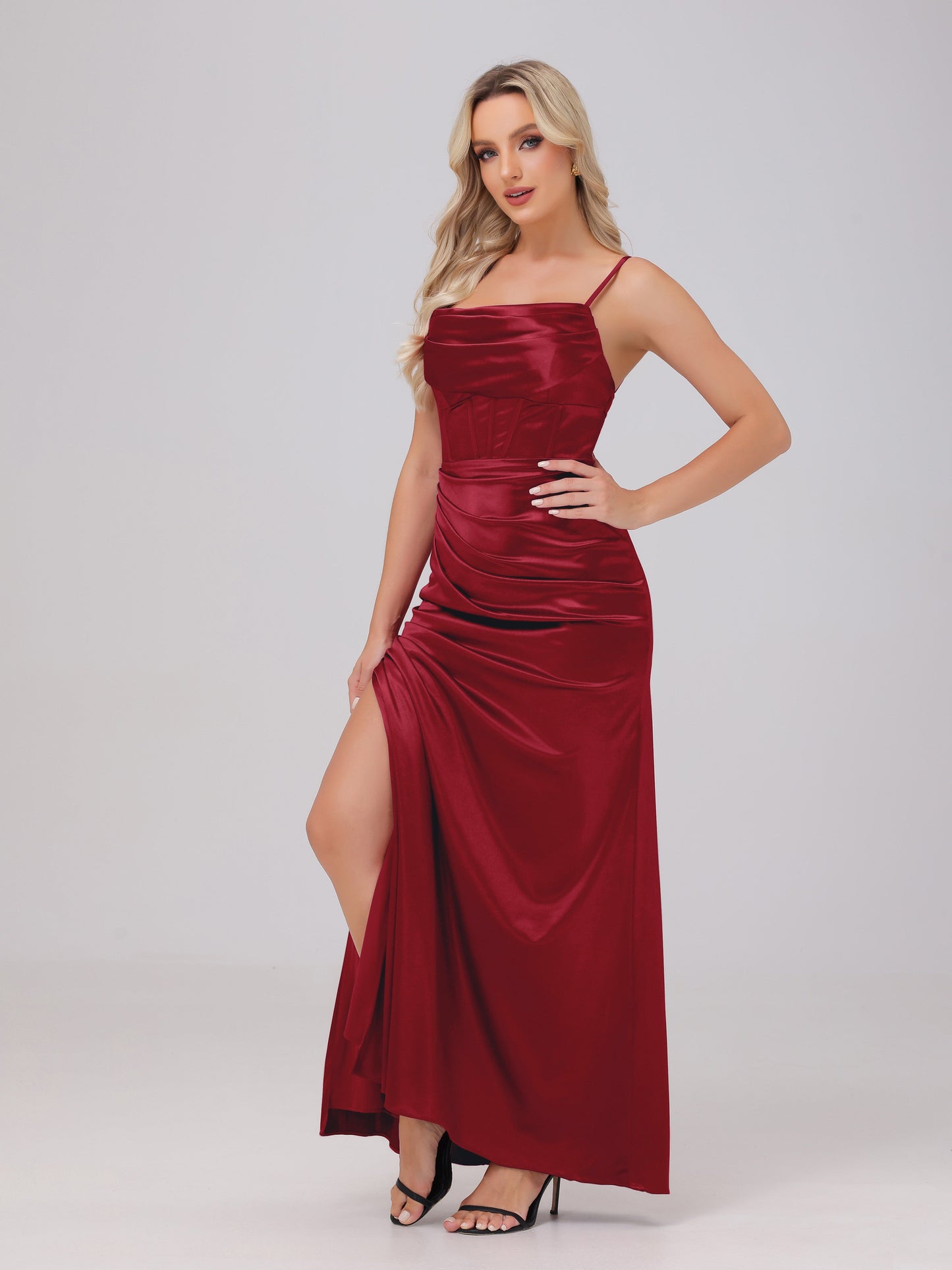 Spaghetti Straps Ruched Floor Length Stretch Satin Bridesmaid Dresses