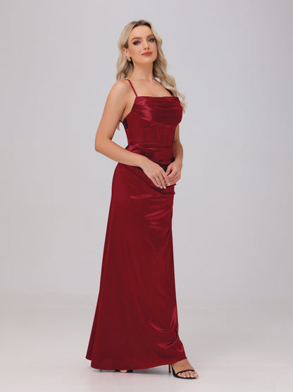 Spaghetti Straps Ruched Floor Length Stretch Satin Bridesmaid Dresses