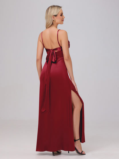 Spaghetti Straps Ruched Floor Length Stretch Satin Bridesmaid Dresses