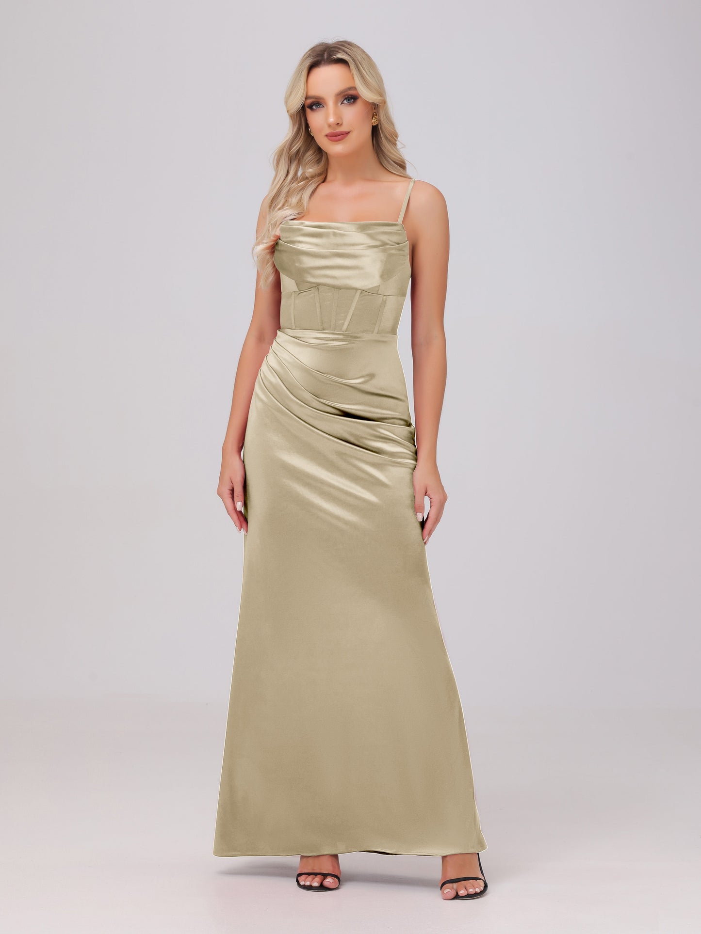 Spaghetti Straps Ruched Floor Length Stretch Satin Bridesmaid Dresses