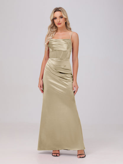 Spaghetti Straps Ruched Floor Length Stretch Satin Bridesmaid Dresses