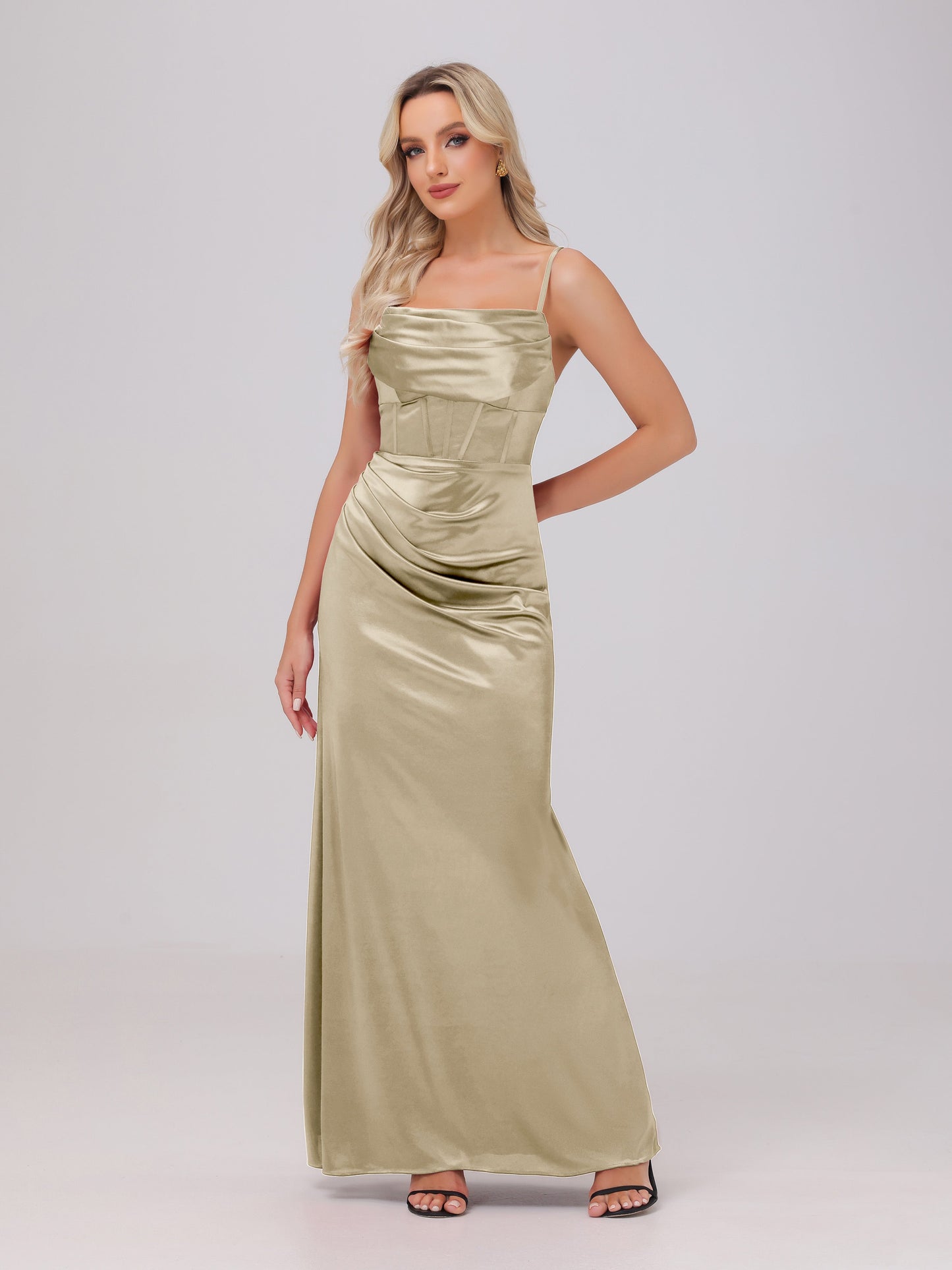 Spaghetti Straps Ruched Floor Length Stretch Satin Bridesmaid Dresses