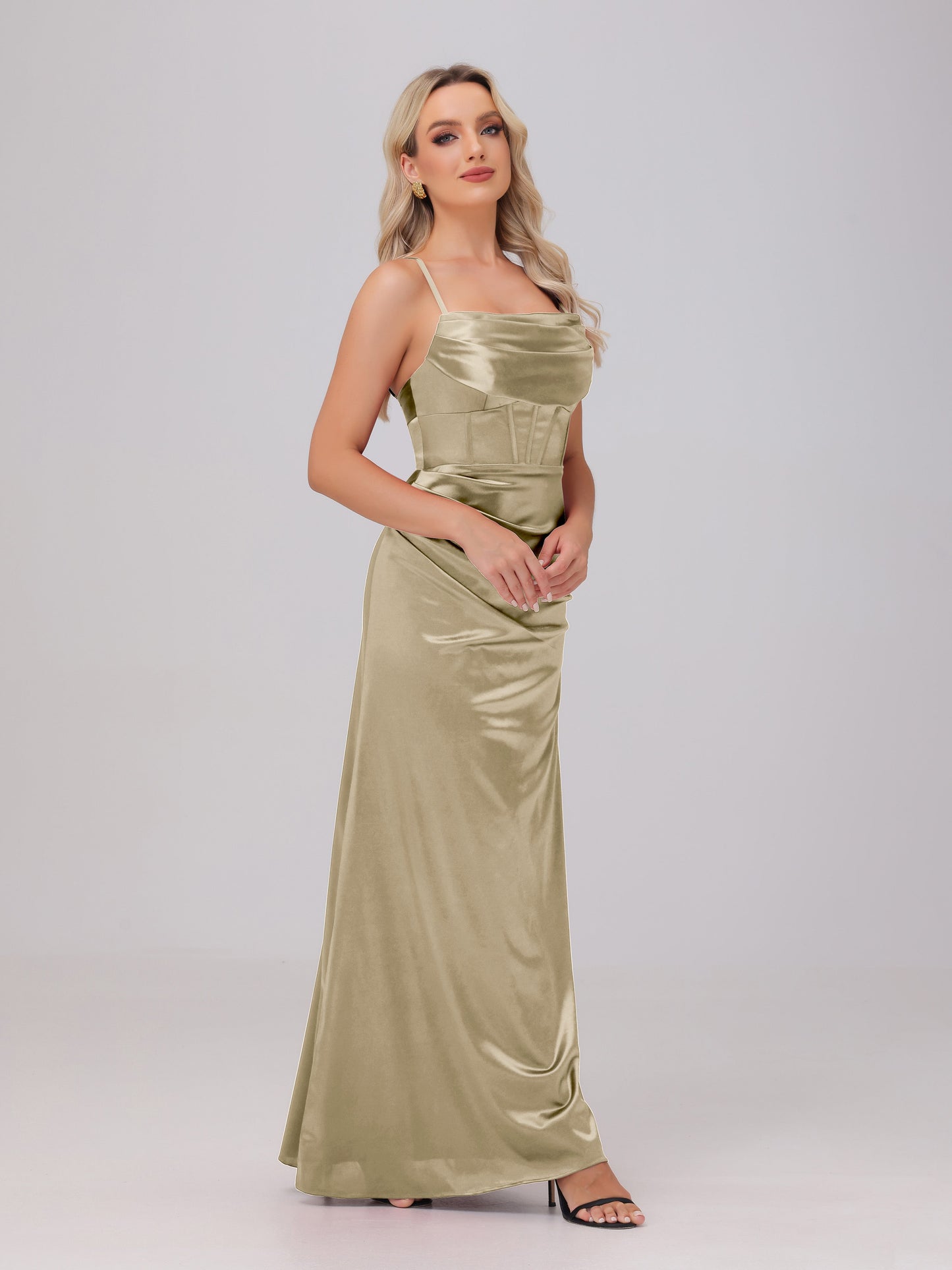 Spaghetti Straps Ruched Floor Length Stretch Satin Bridesmaid Dresses