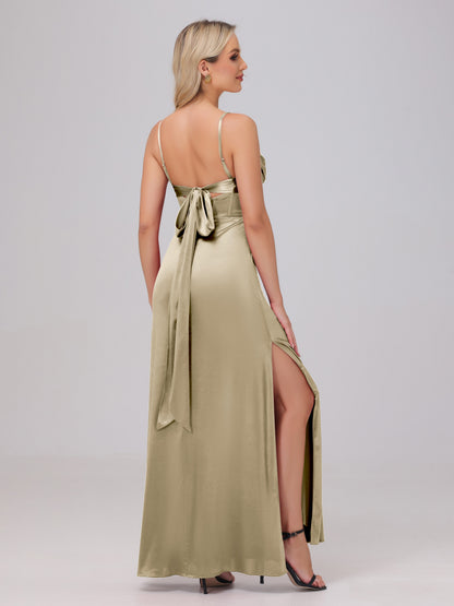 Spaghetti Straps Ruched Floor Length Stretch Satin Bridesmaid Dresses