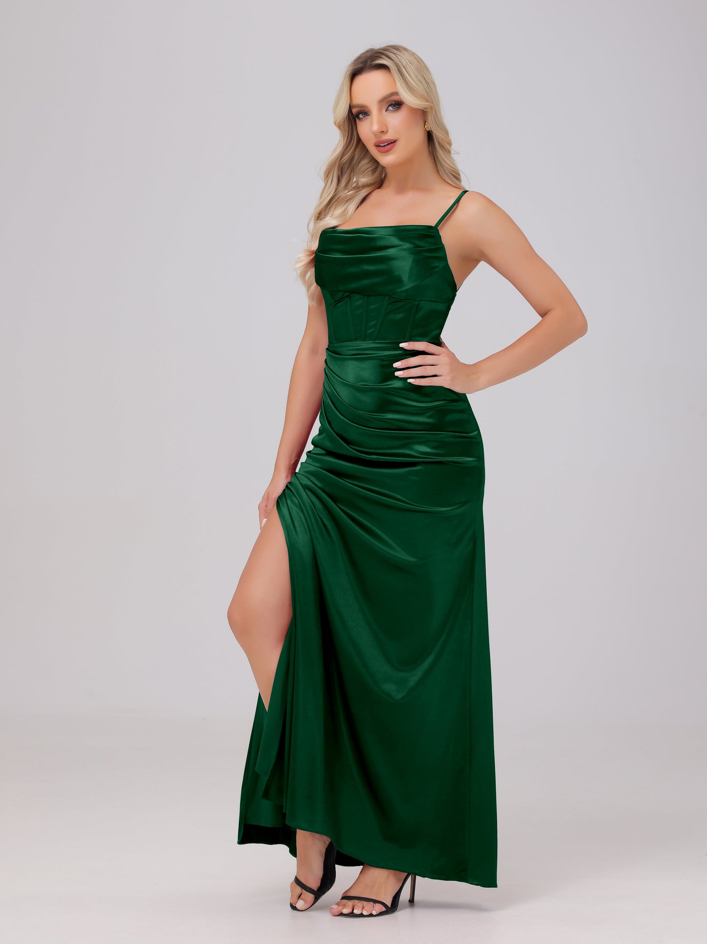 Spaghetti Straps Ruched Floor Length Stretch Satin Bridesmaid Dresses
