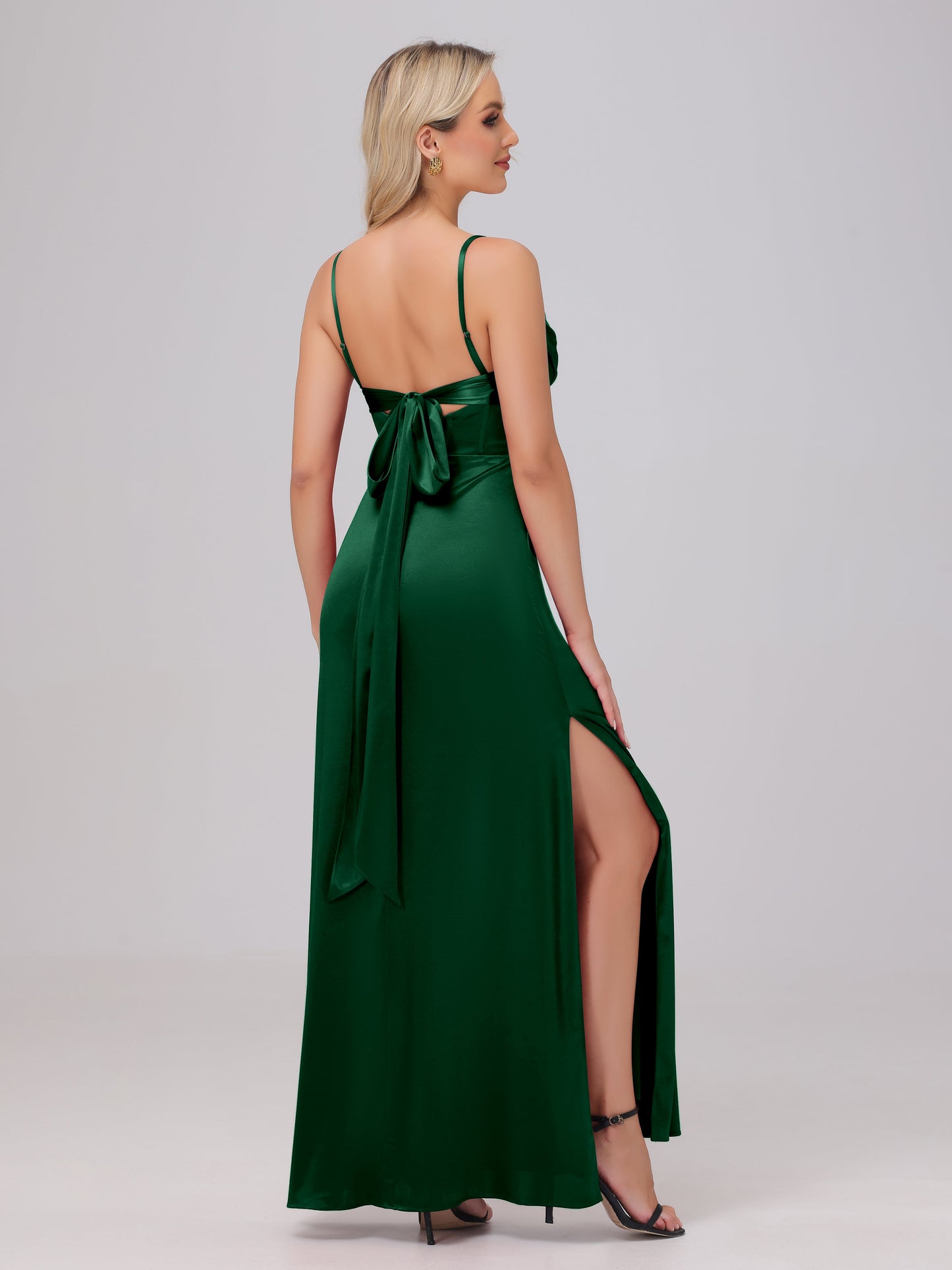 Spaghetti Straps Ruched Floor Length Stretch Satin Bridesmaid Dresses