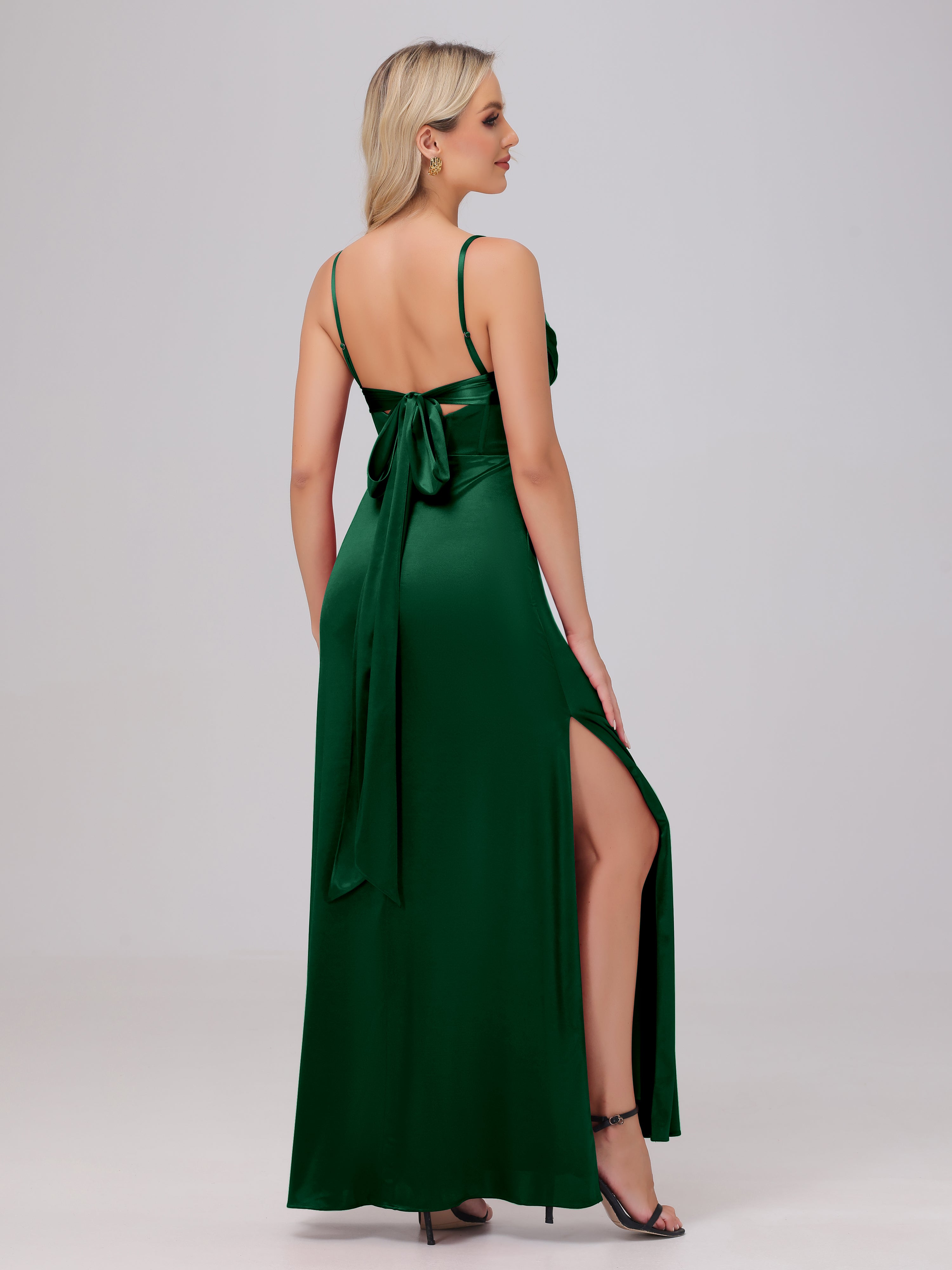 Spaghetti Straps Ruched Floor Length Stretch Satin Bridesmaid Dresses