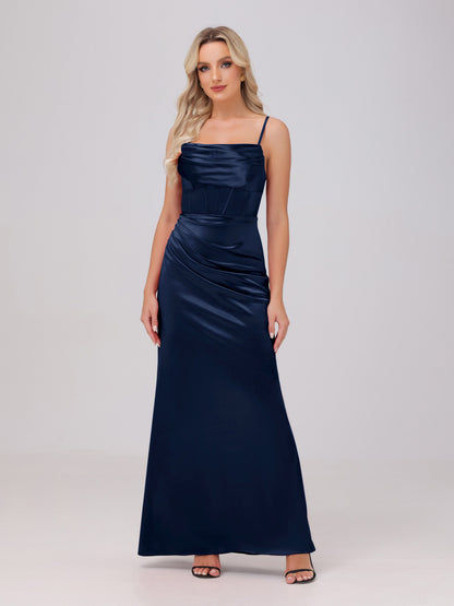 Spaghetti Straps Ruched Floor Length Stretch Satin Bridesmaid Dresses