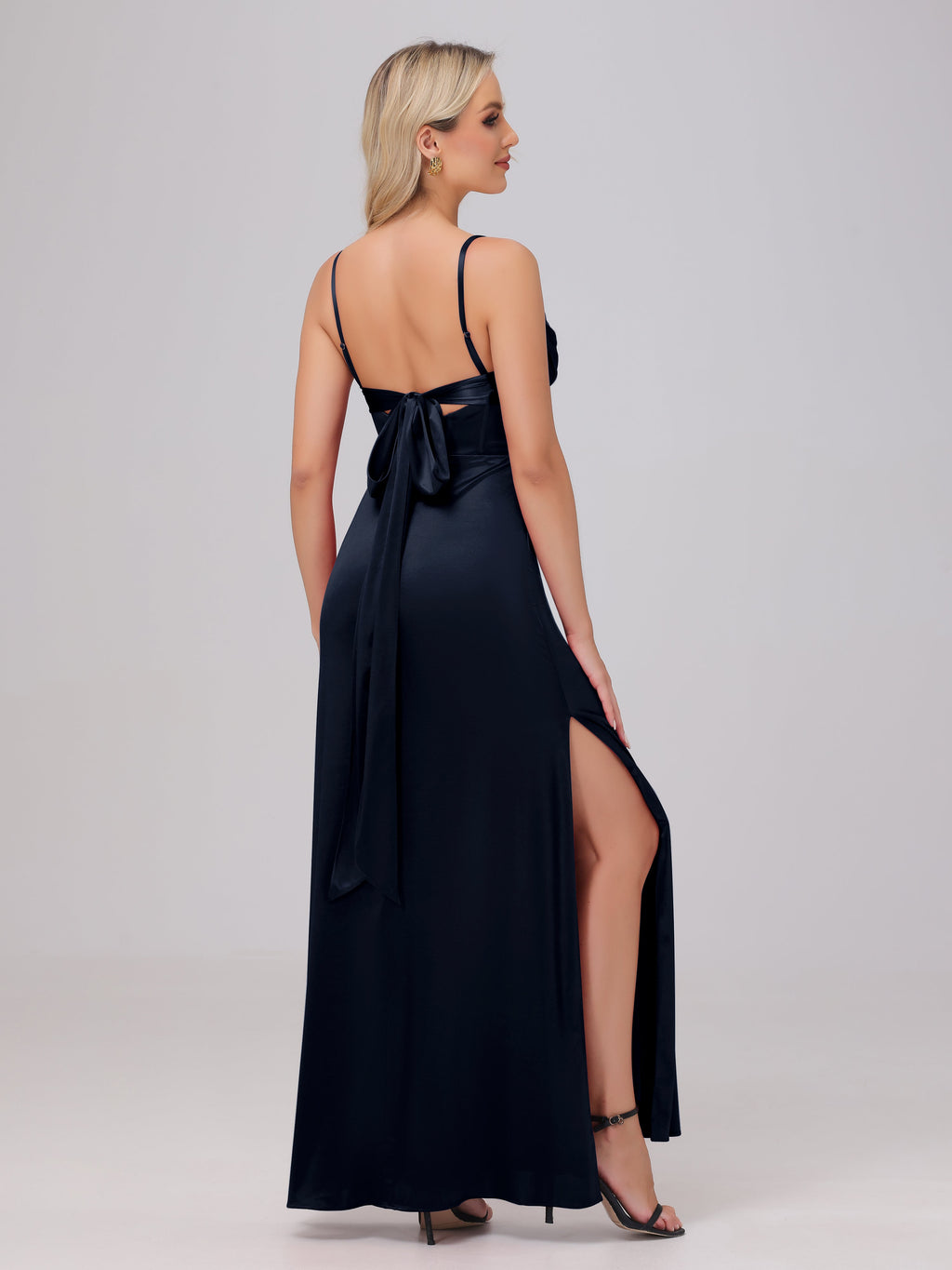 Spaghetti Straps Ruched Floor Length Stretch Satin Bridesmaid Dresses