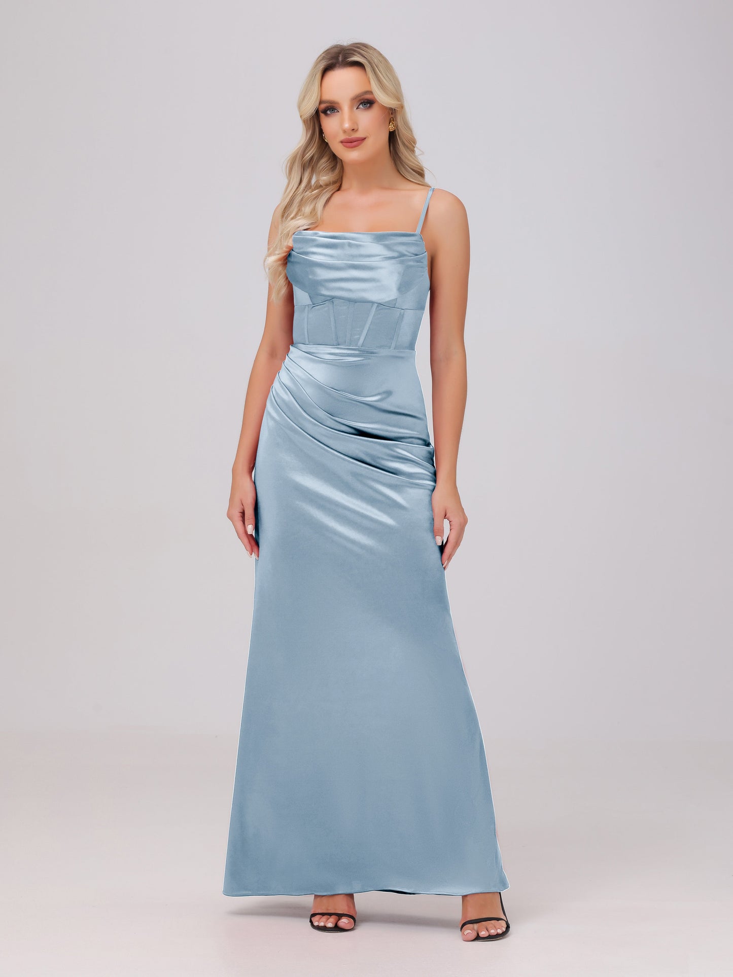 Spaghetti Straps Ruched Floor Length Stretch Satin Bridesmaid Dresses