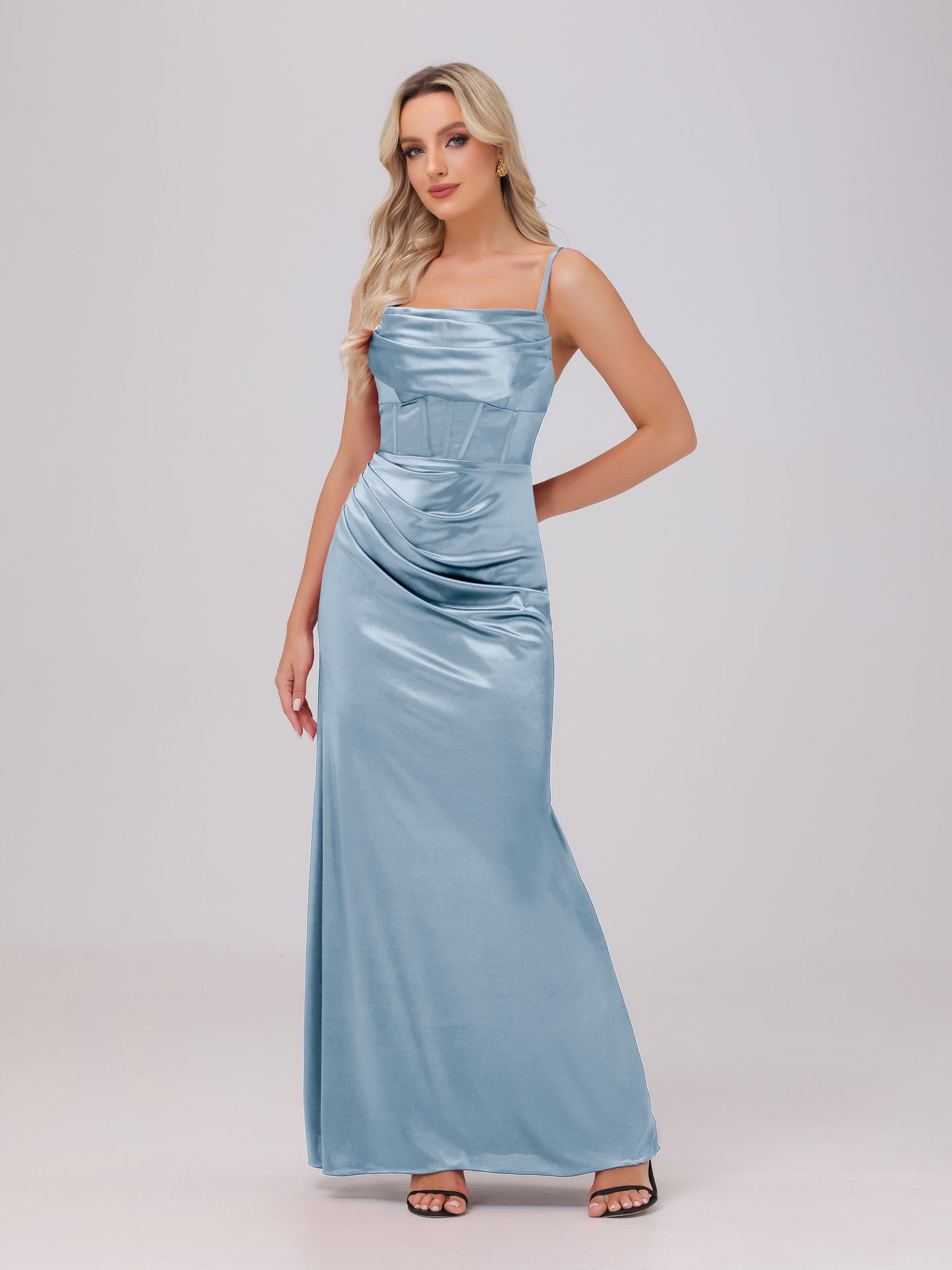 Spaghetti Straps Ruched Floor Length Stretch Satin Bridesmaid Dresses