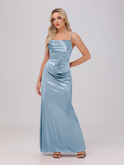 Spaghetti Straps Ruched Floor Length Stretch Satin Bridesmaid Dresses