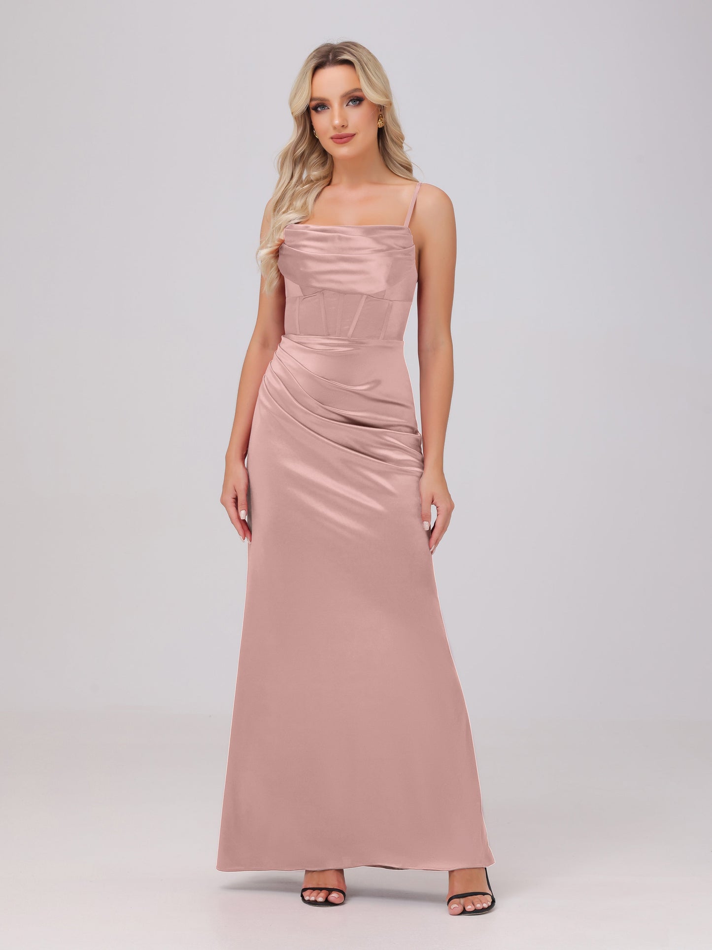 Spaghetti Straps Ruched Floor Length Stretch Satin Bridesmaid Dresses
