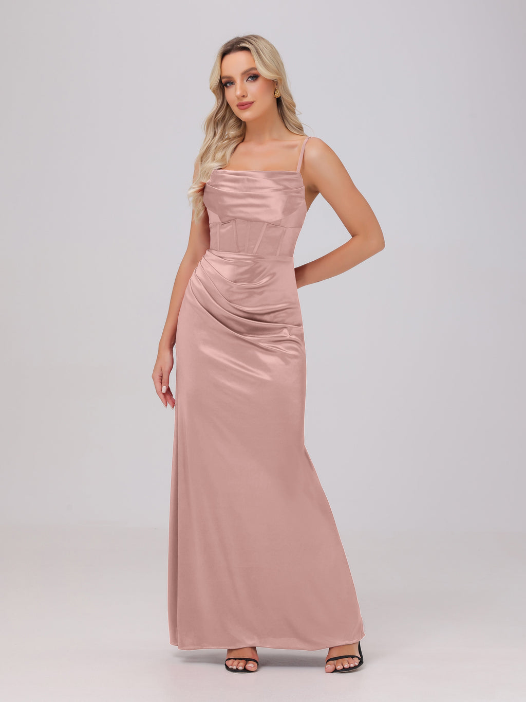Spaghetti Straps Ruched Floor Length Stretch Satin Bridesmaid Dresses