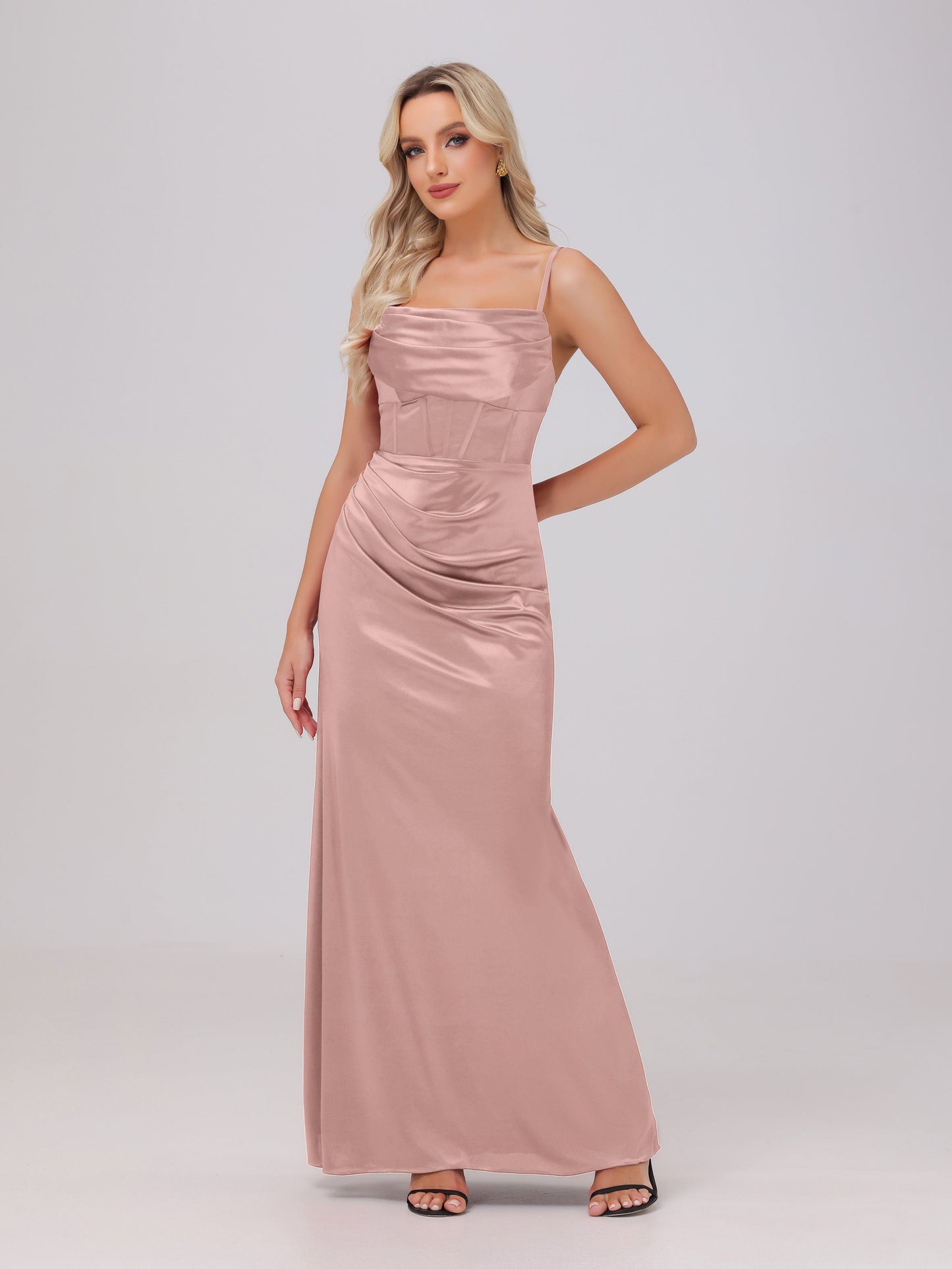 Spaghetti Straps Ruched Floor Length Stretch Satin Bridesmaid Dresses