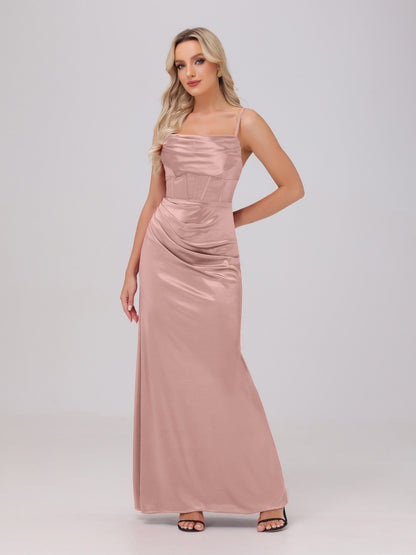 Spaghetti Straps Ruched Floor Length Stretch Satin Bridesmaid Dresses