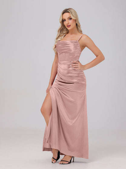 Spaghetti Straps Ruched Floor Length Stretch Satin Bridesmaid Dresses