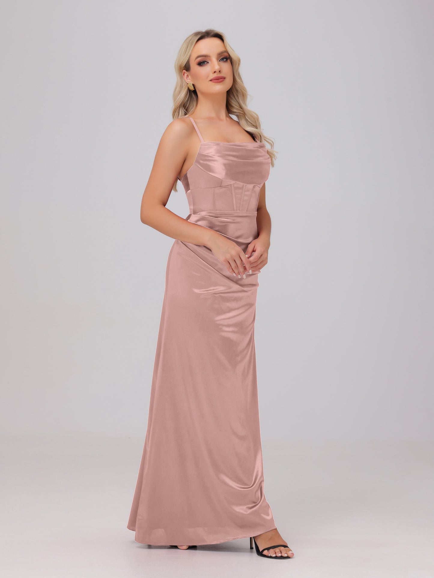 Spaghetti Straps Ruched Floor Length Stretch Satin Bridesmaid Dresses