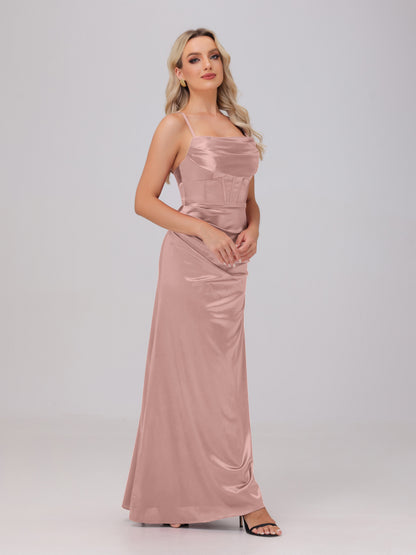 Spaghetti Straps Ruched Floor Length Stretch Satin Bridesmaid Dresses
