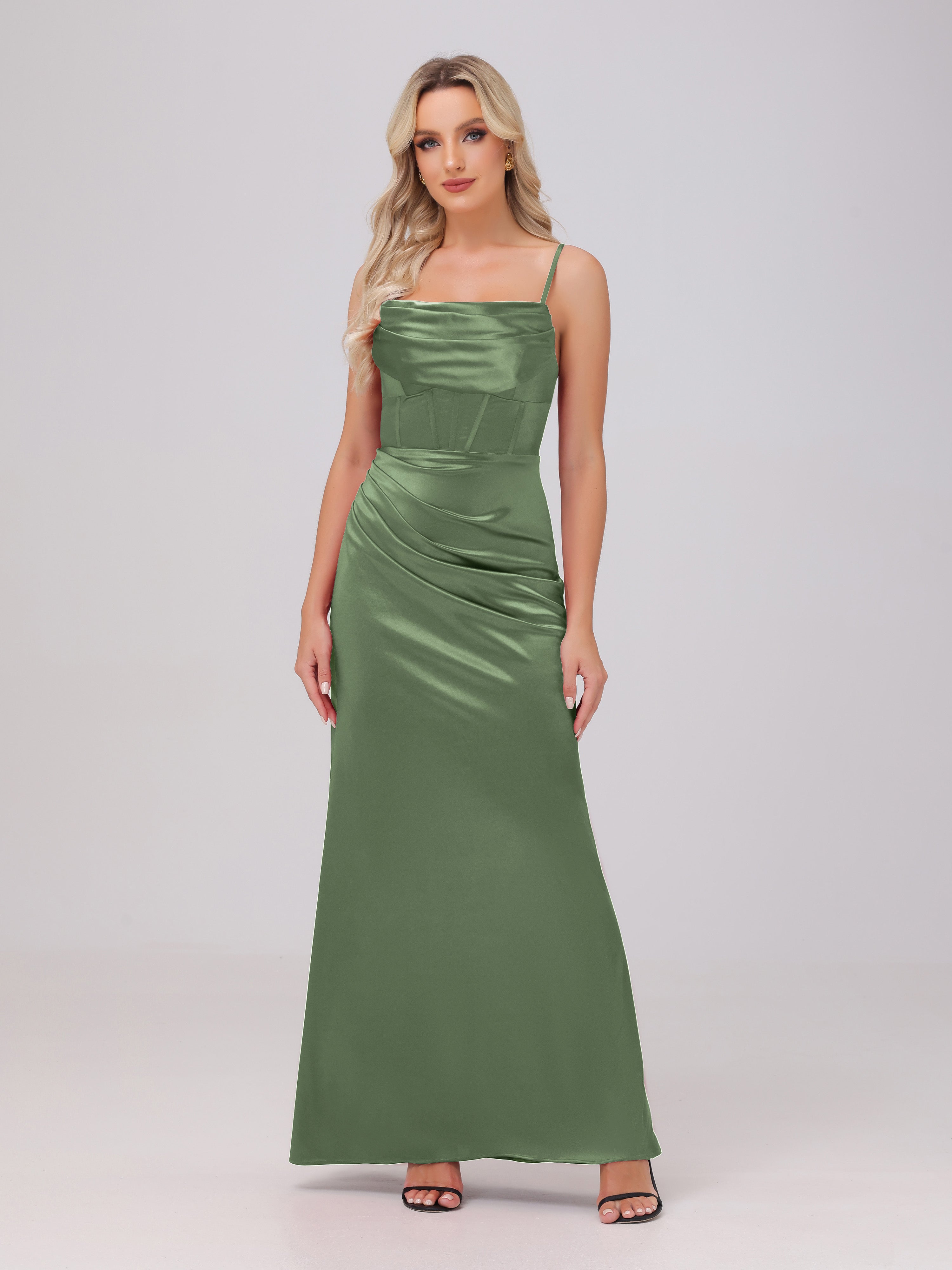 Spaghetti Straps Ruched Floor Length Stretch Satin Bridesmaid Dresses