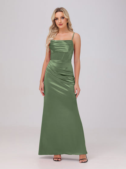 Spaghetti Straps Ruched Floor Length Stretch Satin Bridesmaid Dresses