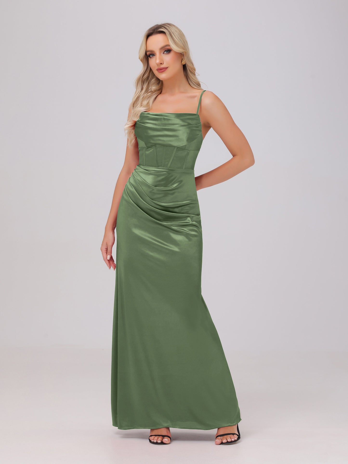 Spaghetti Straps Ruched Floor Length Stretch Satin Bridesmaid Dresses