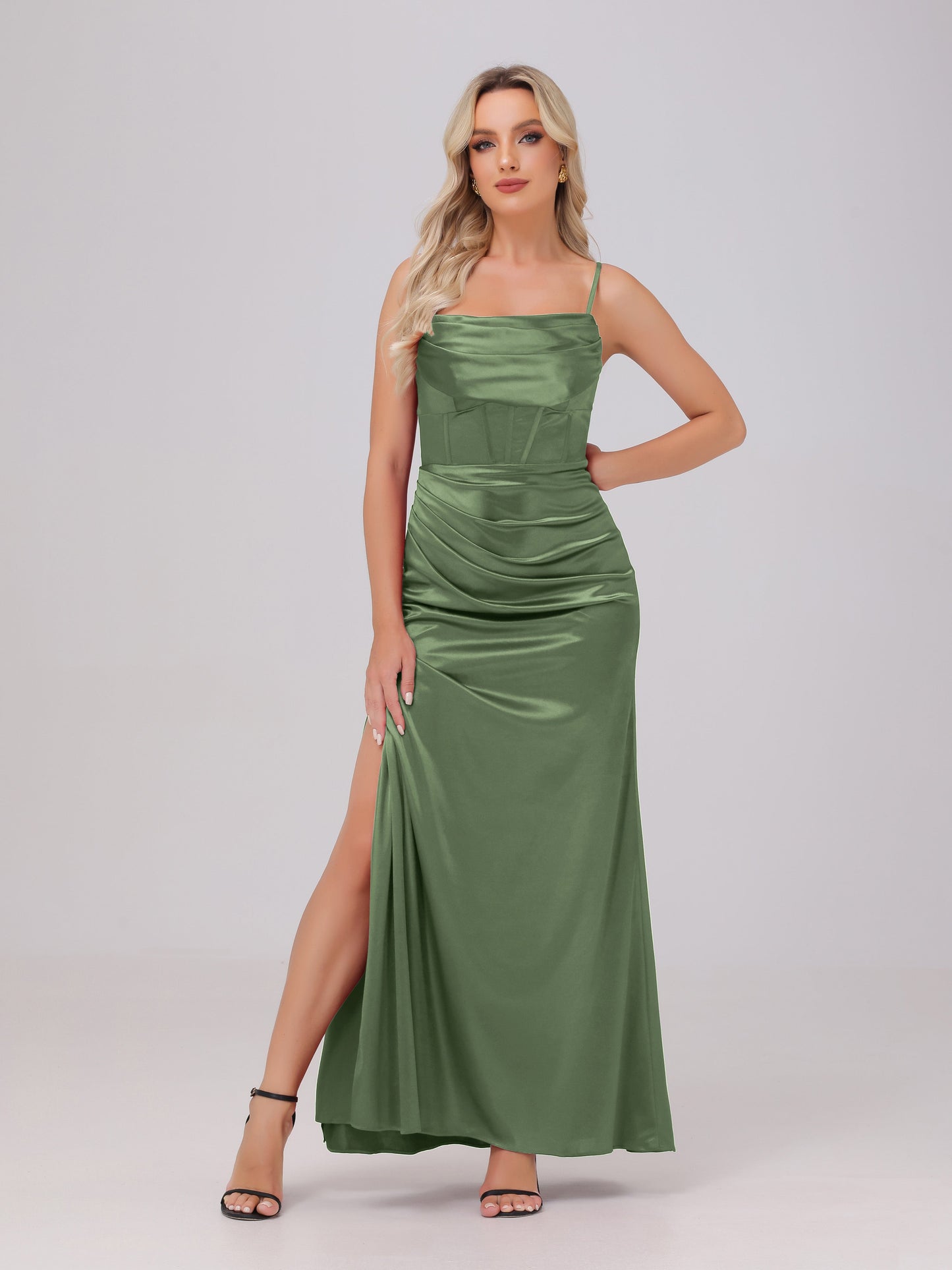 Spaghetti Straps Ruched Floor Length Stretch Satin Bridesmaid Dresses