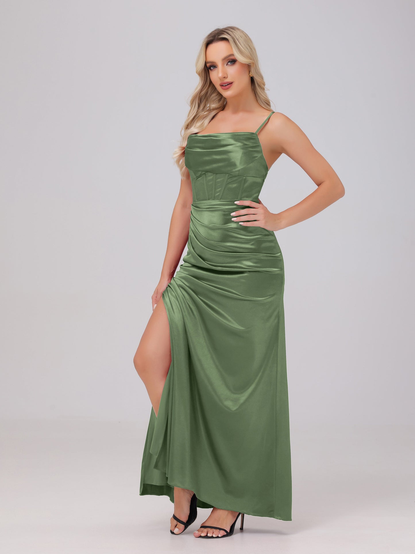 Spaghetti Straps Ruched Floor Length Stretch Satin Bridesmaid Dresses