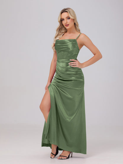 Spaghetti Straps Ruched Floor Length Stretch Satin Bridesmaid Dresses