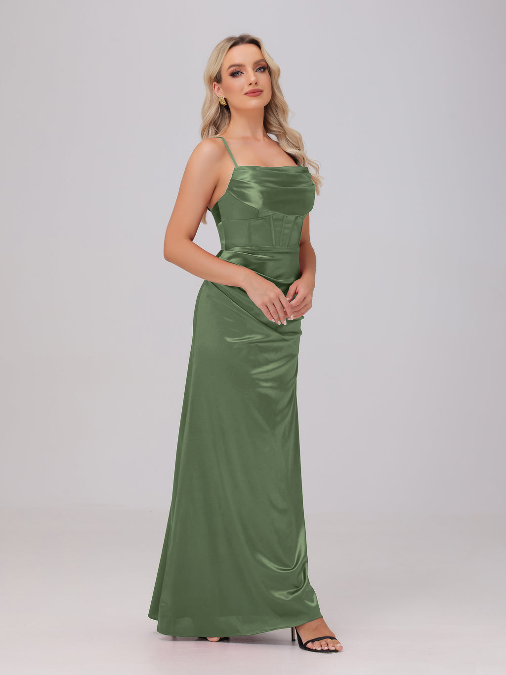 Spaghetti Straps Ruched Floor Length Stretch Satin Bridesmaid Dresses