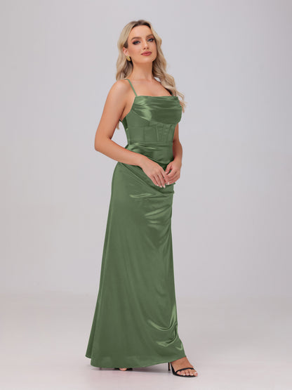 Spaghetti Straps Ruched Floor Length Stretch Satin Bridesmaid Dresses