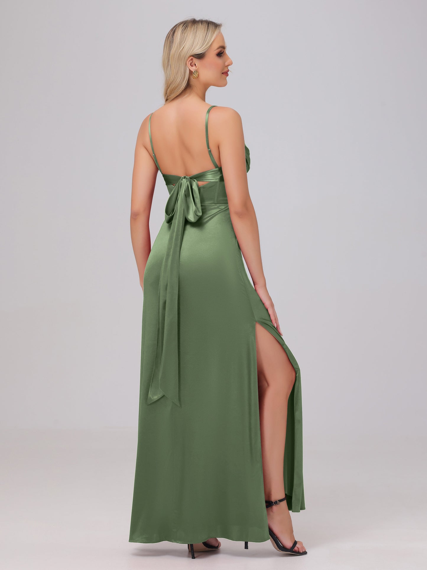 Spaghetti Straps Ruched Floor Length Stretch Satin Bridesmaid Dresses