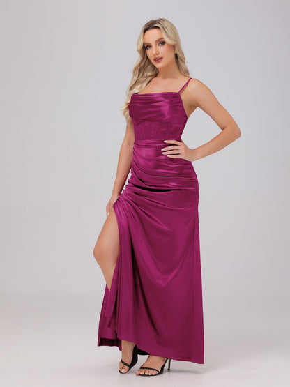 Spaghetti Straps Ruched Floor Length Stretch Satin Bridesmaid Dresses